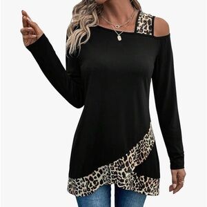 Leopard print cold shoulder tunic top